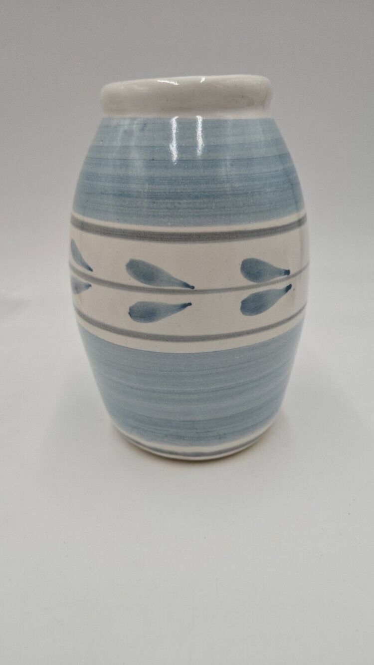 Vintage Vase 17" MAHON Pottery USA Blue Trim Hand painted Primitive Cottagecore